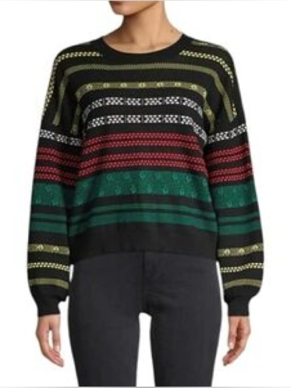 525 America | Black Crewneck Sweater Red, Green Yellow Stripes Oversized Medium